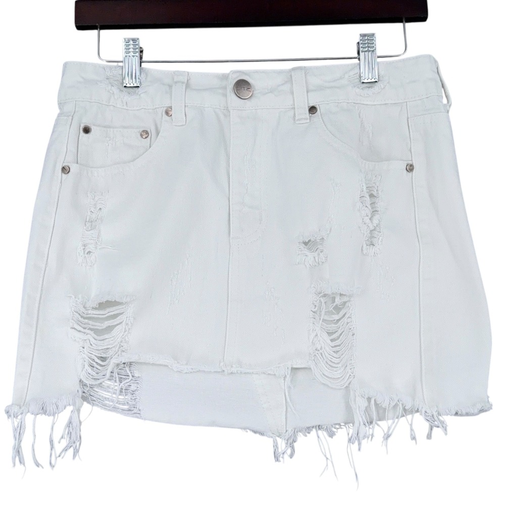 LITZ Premium Denim Brand White Ripped Distressed Mini‎ Skirt Size S